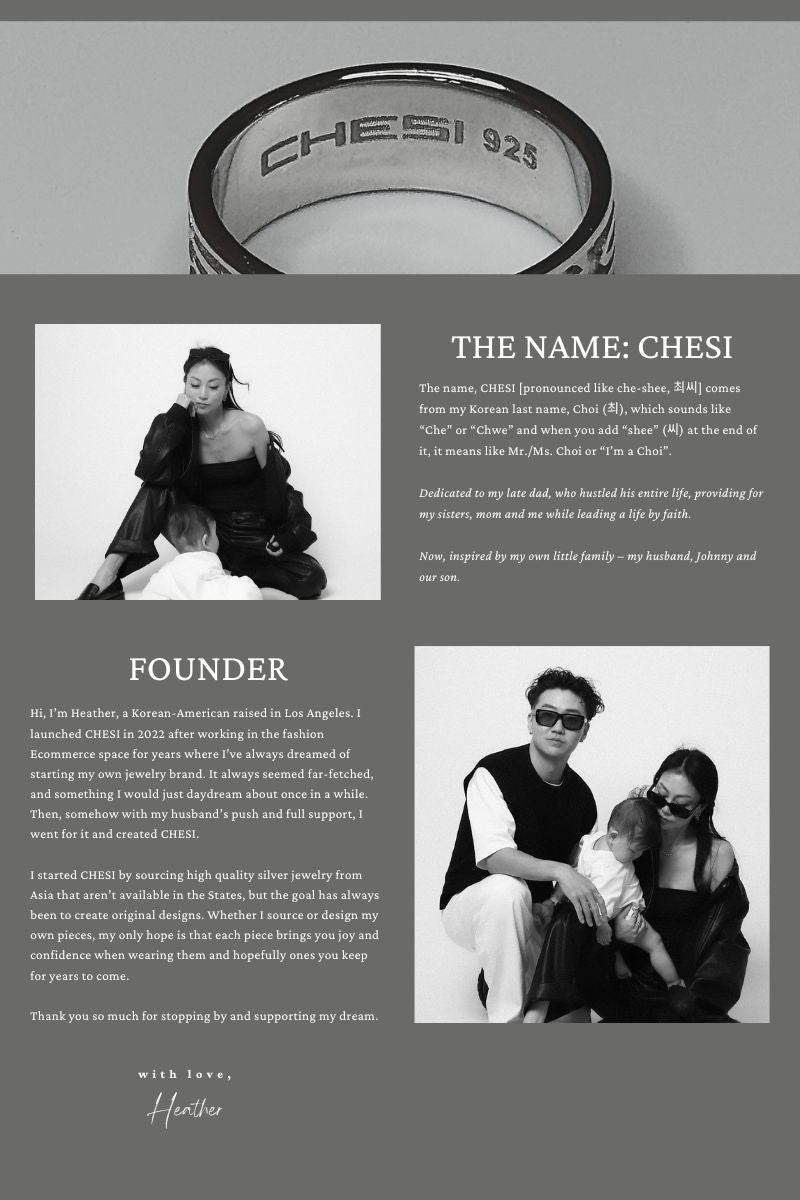CHESI 925 sterling silver ring on white background with black-and-white photo of founder and family. Includes text about CHESI’s name origin and a letter from founder Heather