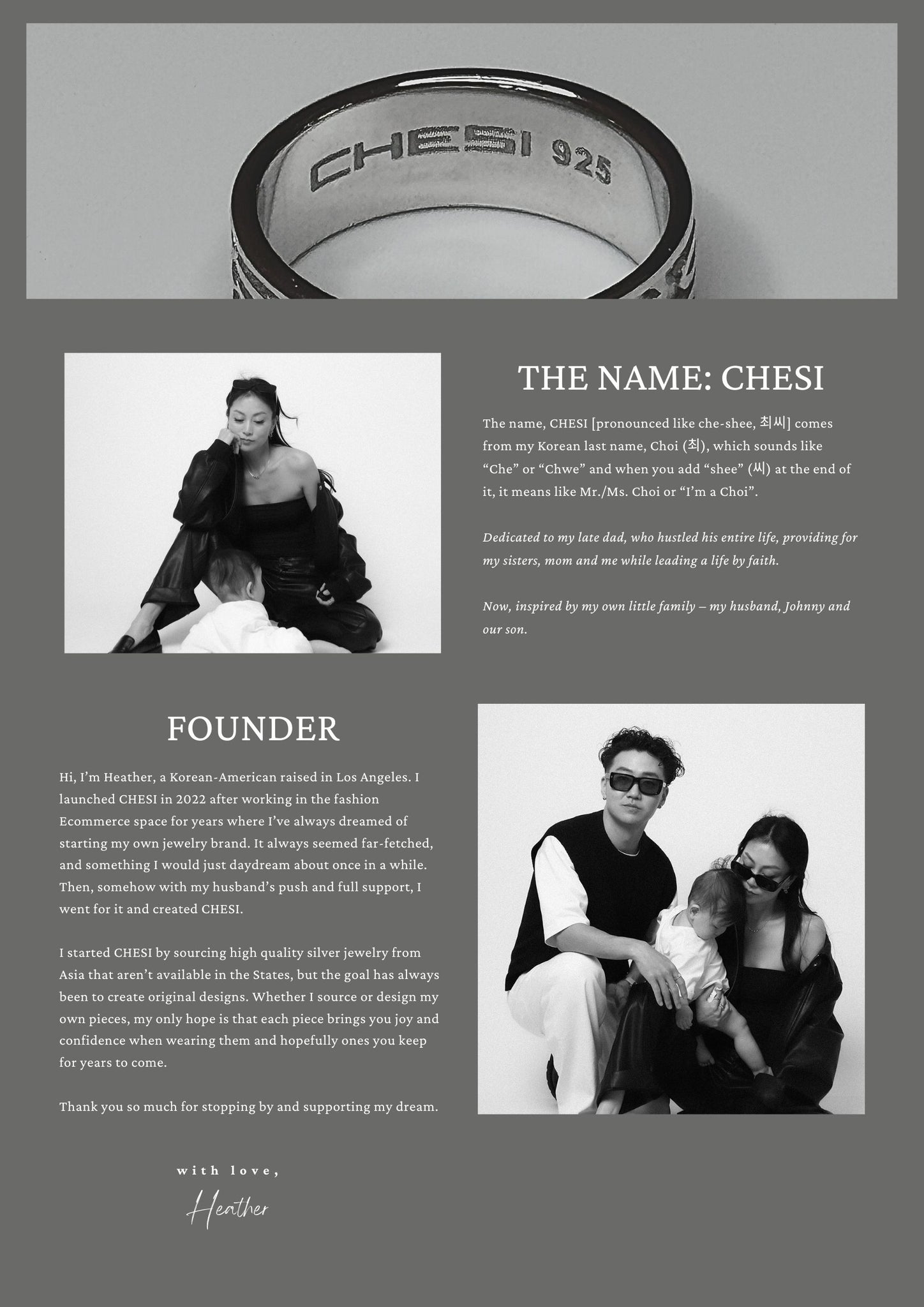 CHESI 925 sterling silver ring on white background with black-and-white photo of founder and family. Includes text about CHESI’s name origin and a letter from founder Heather