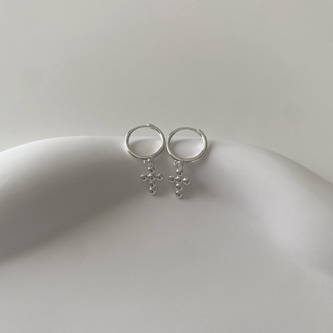 Front view of CHESI 925 sterling silver Mini Bubble Cross Earrings